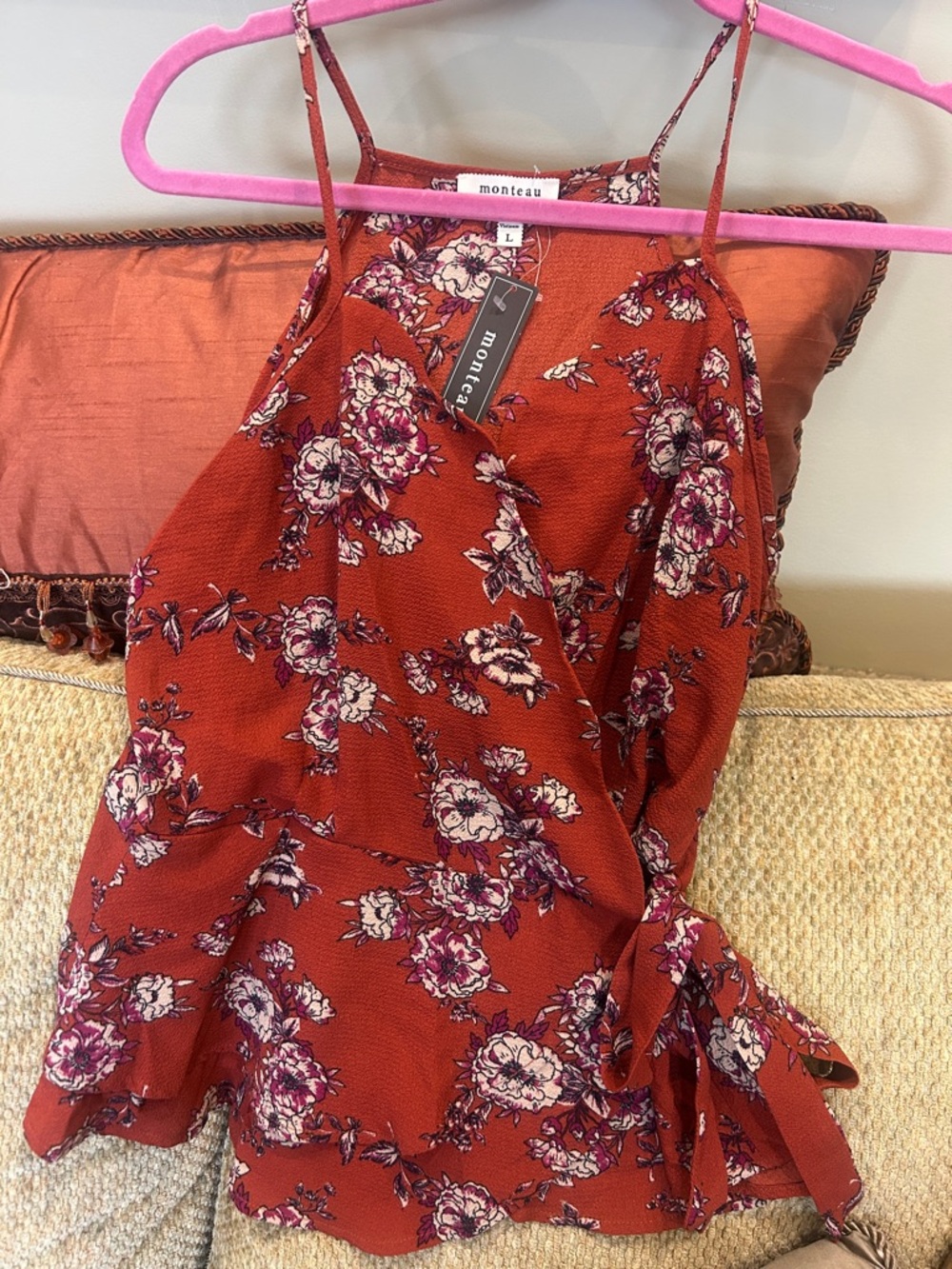 Monteau Rust Floral Wrap Top-NWT- L